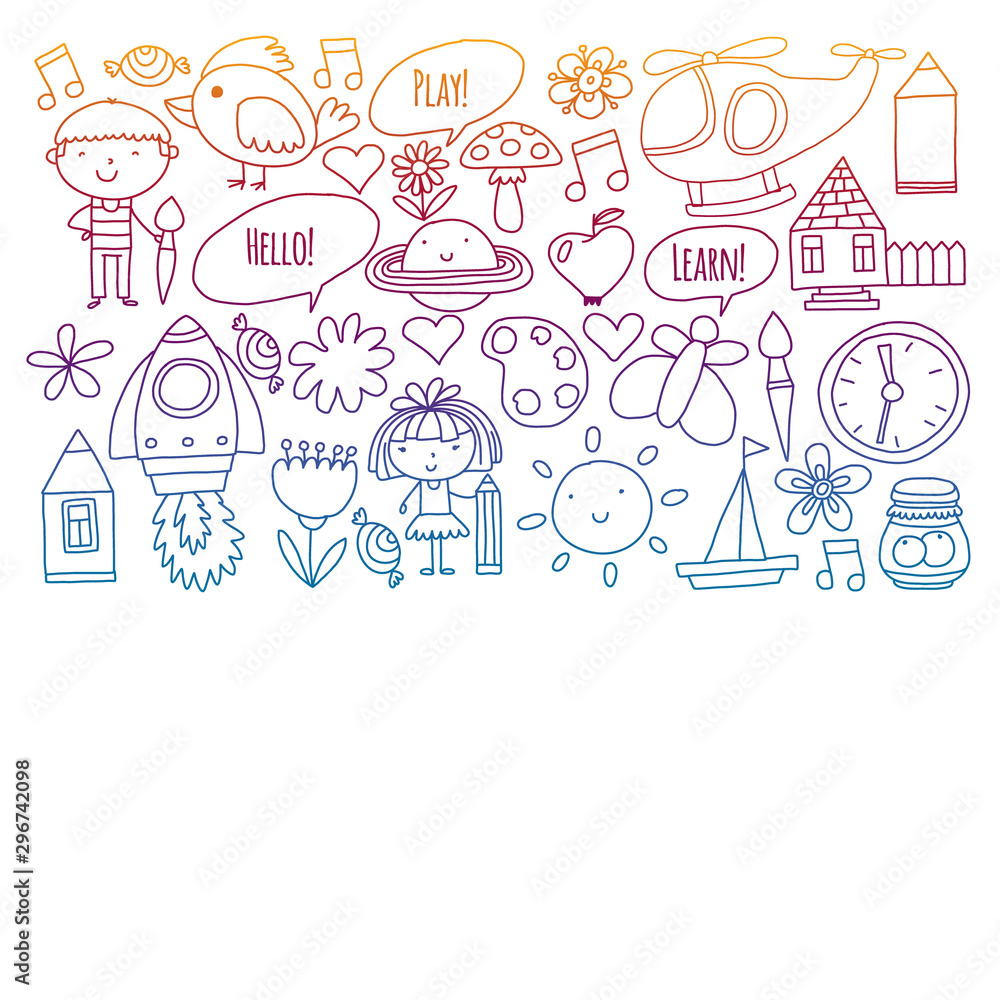 Vector pattern with little children. Kindergarten, play and grow together. Icons of toys and kids in doodle style Vector pattern with little children. Kindergarten, play and grow together. Icons of toys and kids in doodle style