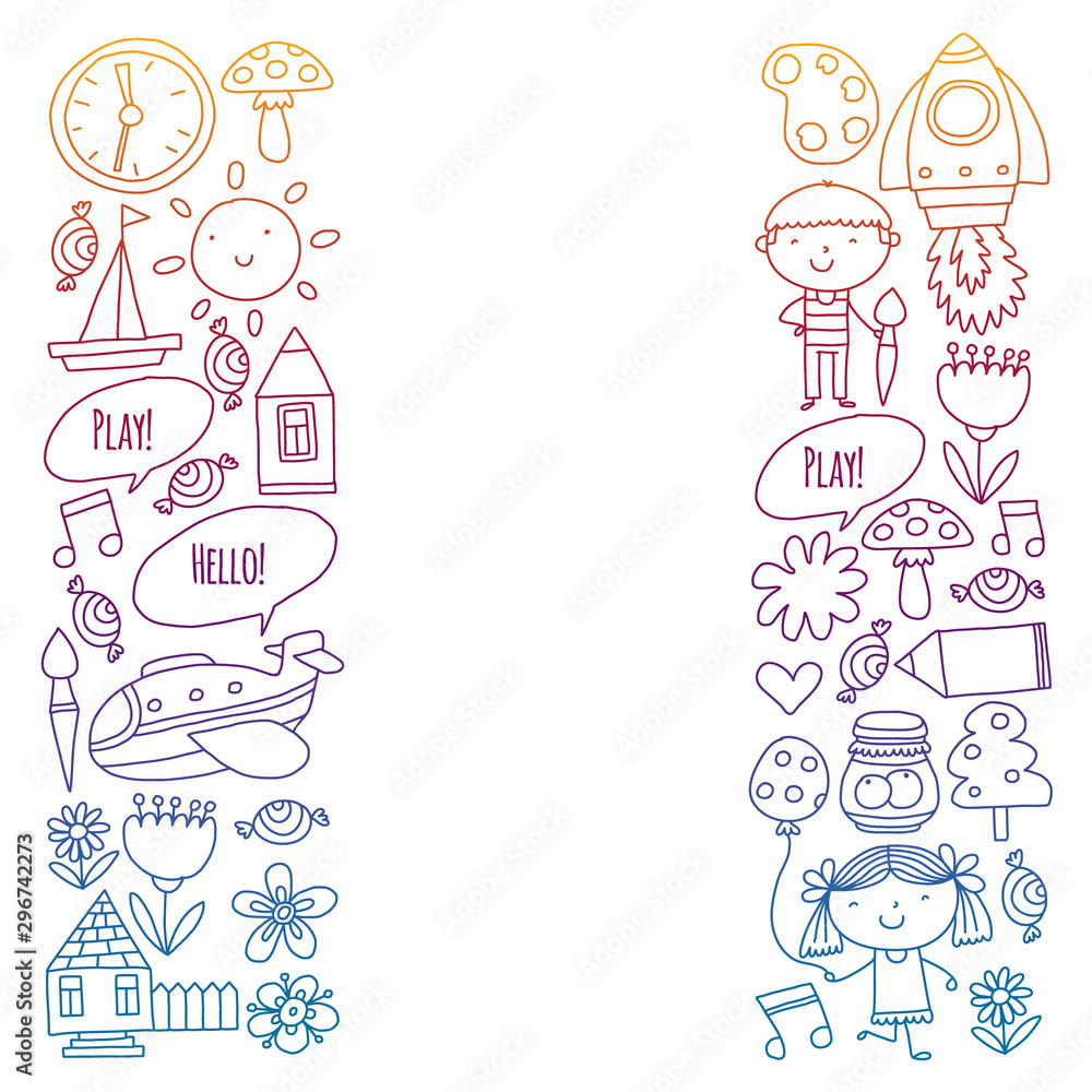 Vector pattern with little children. Kindergarten, play and grow together. Icons of toys and kids in doodle style Vector pattern with little children. Kindergarten, play and grow together. Icons of toys and kids in doodle style