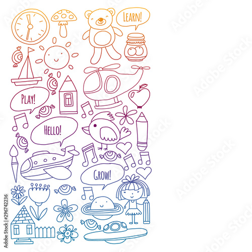 Vector pattern with little children. Kindergarten, play and grow together. Icons of toys and kids in doodle style