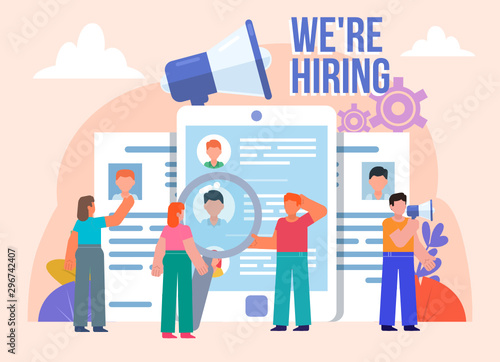 Search for employees, HR department, hire. Group of people stand near big resume, job application. Flat design vector illustration