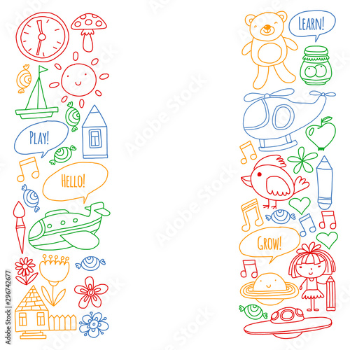 Vector pattern with little children. Kindergarten, play and grow together. Icons of toys and kids in doodle style