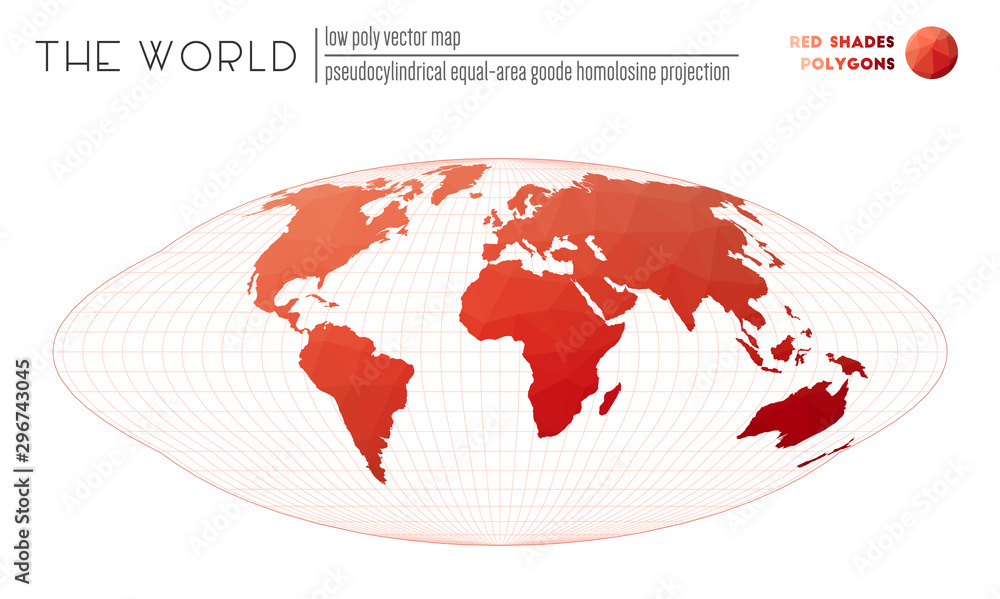 Polygonal map of the world. Pseudocylindrical equal-area Goode homolosine projection of the world. Red shades colored polygons. Creative vector illustration. Polygonal map of the world. Pseudocylindrical equal-area Goode homolosine projection of the world. Red shades colored polygons. Creative vector illustration.