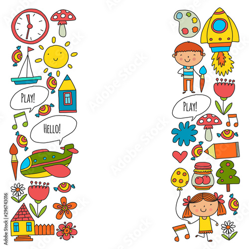 Vector pattern with little children. Kindergarten, play and grow together. Icons of toys and kids in doodle style