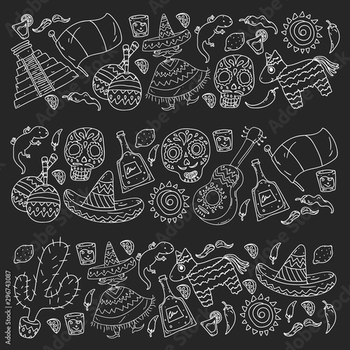 Travel to Mexico. Vector set with ethnic elemets for wallpapers, backgrounds. Day of the Dead