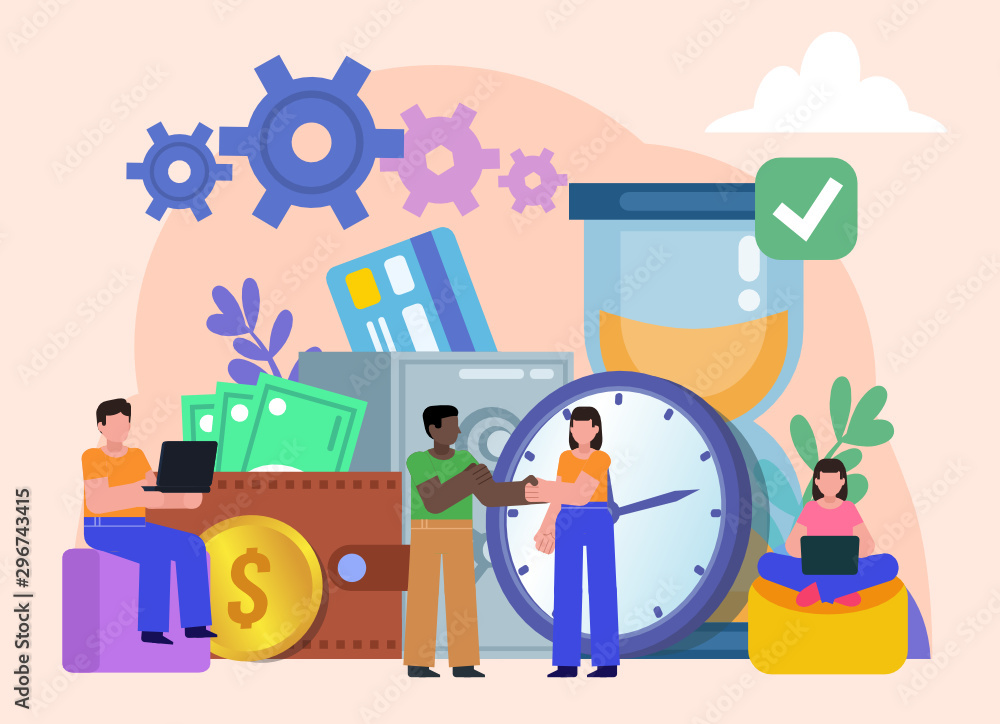 Office work, time, financial management. Group of people stand near big watches, safe, money, cash. Flat design vector illustration Office work, time, financial management. Group of people stand near big watches, safe, money, cash. Flat design vector illustration
