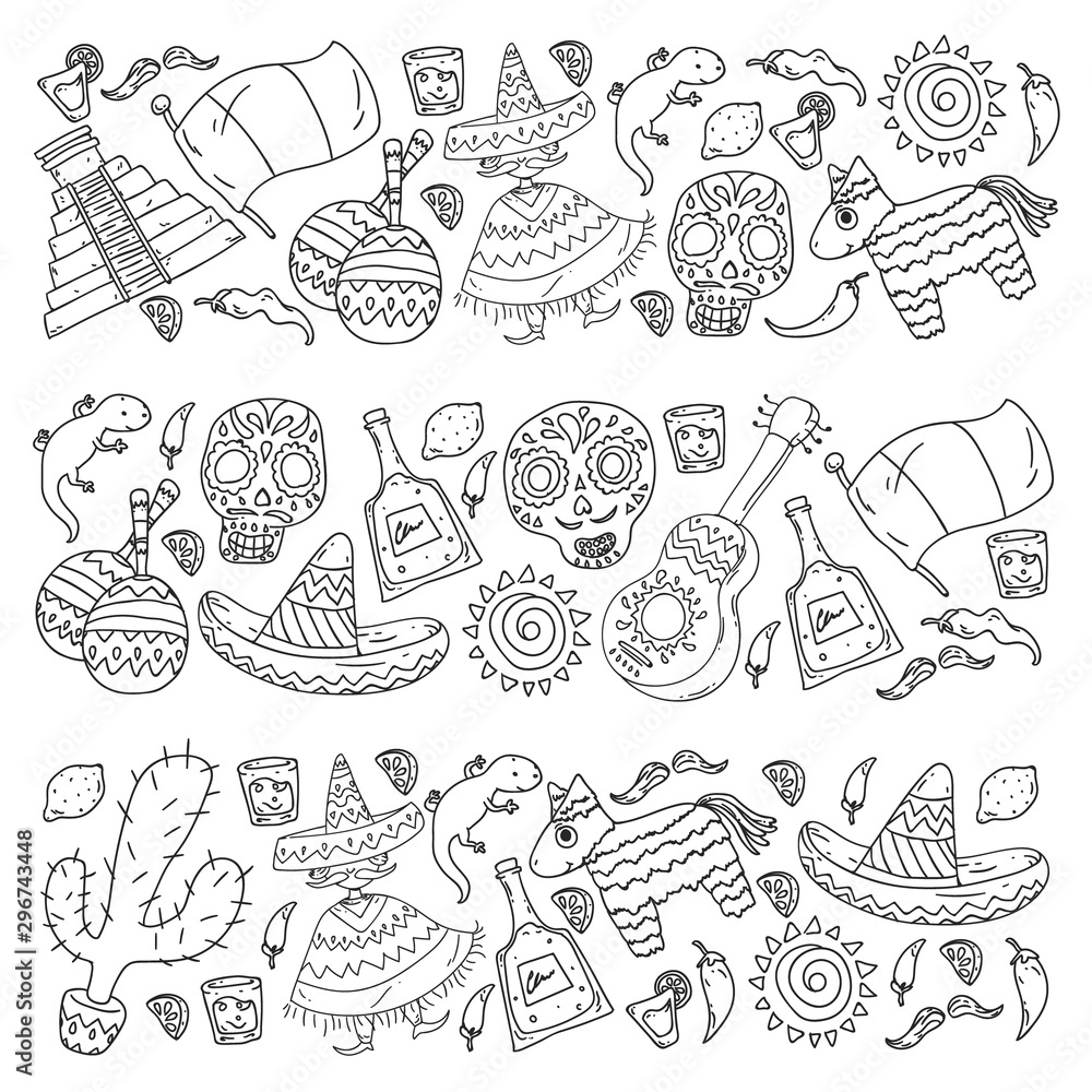 Travel to Mexico. Vector set with ethnic elemets for wallpapers, backgrounds. Day of the Dead Travel to Mexico. Vector set with ethnic elemets for wallpapers, backgrounds. Day of the Dead