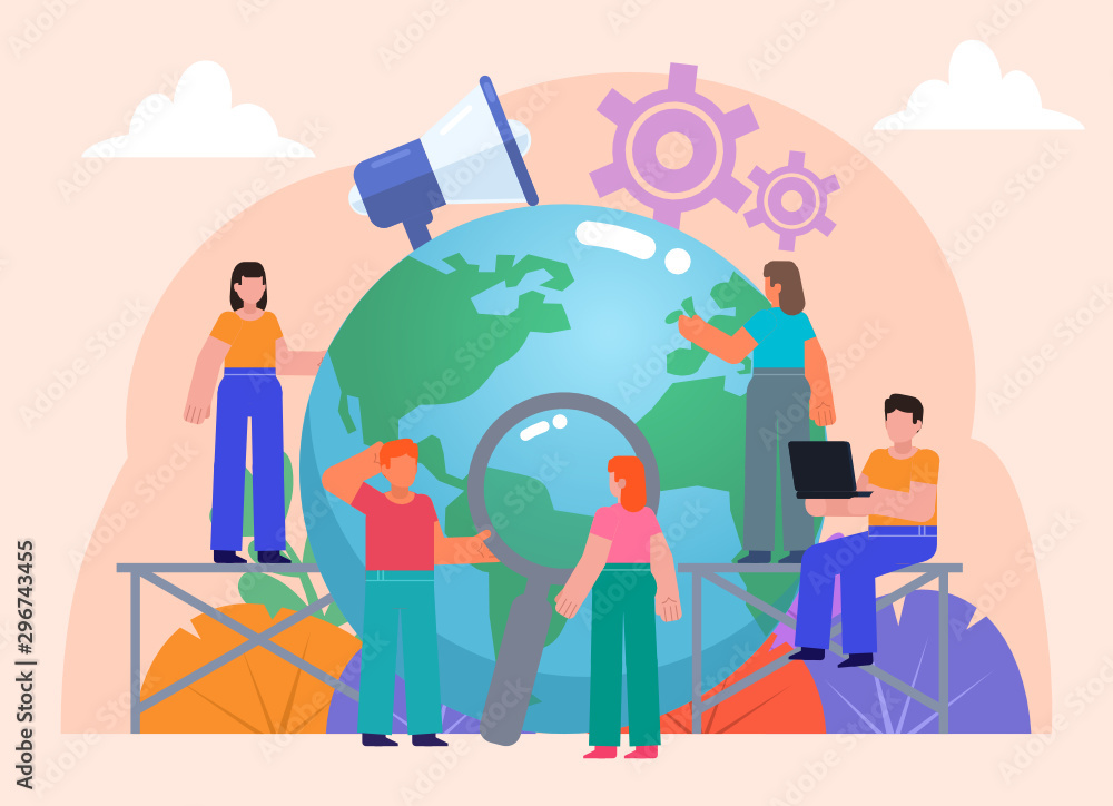 Earth day, environment care, protection. Group of people stand near big earth globe. Flat design vector illustration