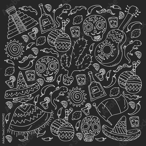 Travel to Mexico. Vector set with ethnic elemets for wallpapers, backgrounds. Day of the Dead