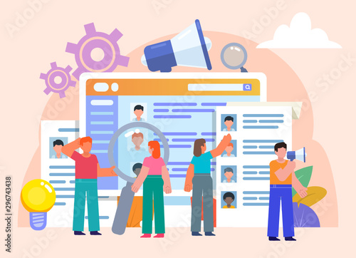 Hire, HR department, search for new employees. Group of people stand near big screen searching for appropriate job application candidate. Flat design vector illustration