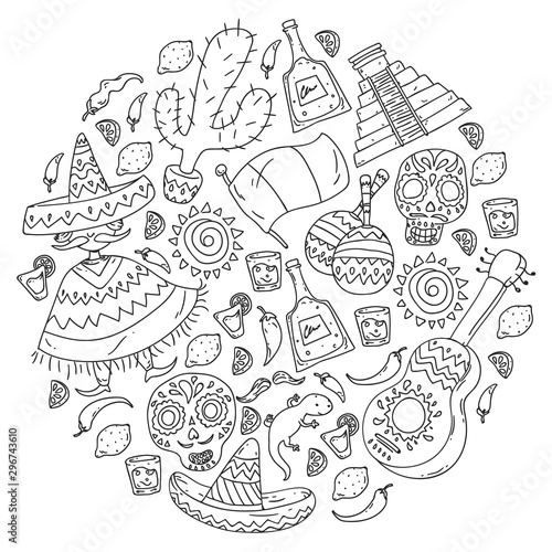 Travel to Mexico. Vector set with ethnic elemets for wallpapers, backgrounds. Day of the Dead
