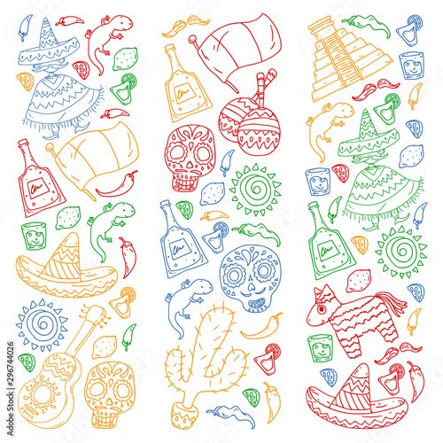 Travel to Mexico. Vector set with ethnic elemets for wallpapers, backgrounds. Day of the Dead