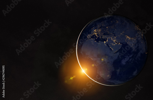 Fototapeta Naklejka Na Ścianę i Meble -  View of planet Earth at night with cities lights on Europe and Africa 3D rendering elements of this image furnished by NASA