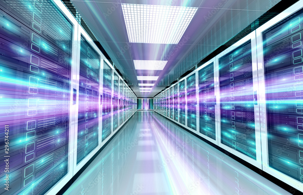 Obraz premium Servers data center room with bright speed light through the corridor 3D rendering
