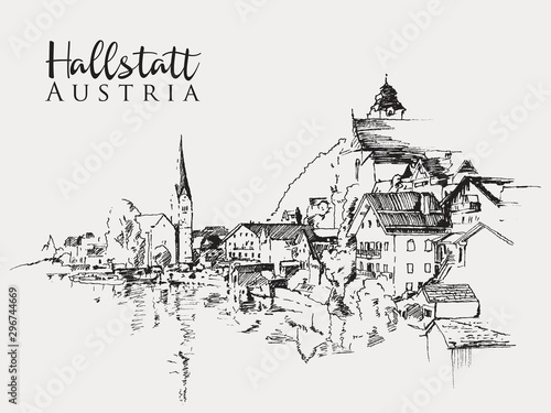 Drawing sketch illustration of Hallstatt