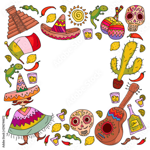 Travel to Mexico. Vector set with ethnic elemets for wallpapers, backgrounds. Day of the Dead