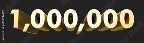 1.000.000 one million number rendering. Metallic gold 3D numbers. 3D Illustration. Isolated on black background