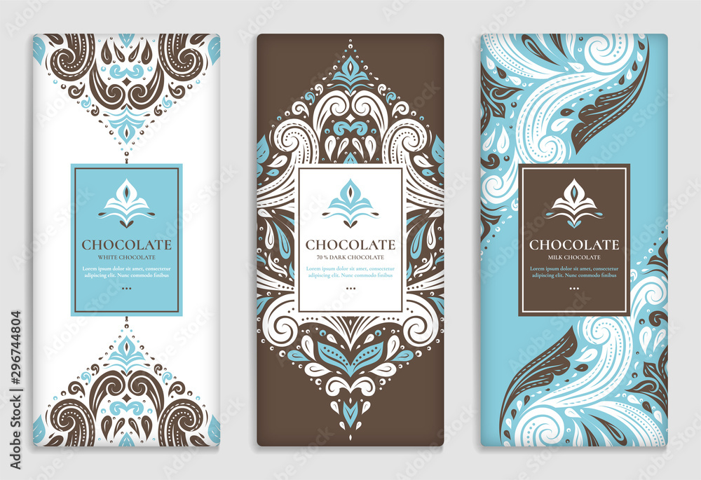 Brown and blue vintage packaging design of chocolate bars. Vector luxury template with ornament elements. Can be used for background and wallpaper. Great for food and drink package types.