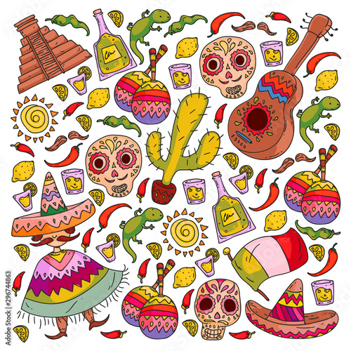 Travel to Mexico. Vector set with ethnic elemets for wallpapers, backgrounds. Day of the Dead
