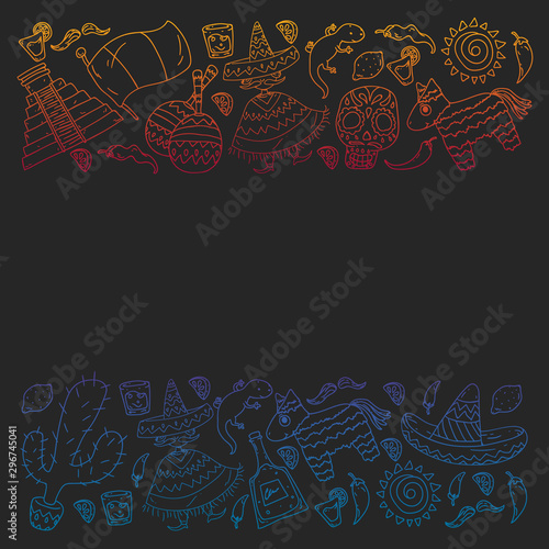 Travel to Mexico. Vector set with ethnic elemets for wallpapers, backgrounds. Day of the Dead