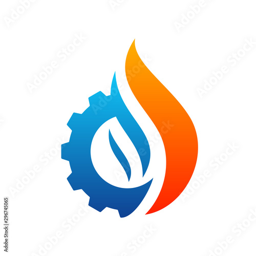 Fire with Gear logo Vector. Flame Logo Design Template. Icon Symbol