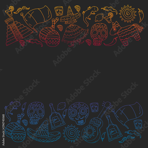 Travel to Mexico. Vector set with ethnic elemets for wallpapers, backgrounds. Day of the Dead
