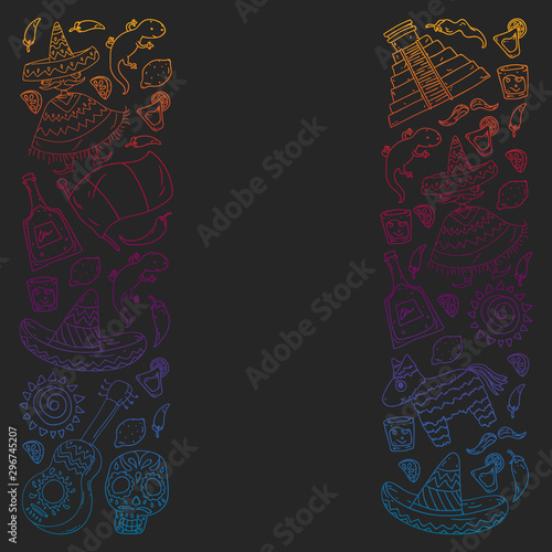 Travel to Mexico. Vector set with ethnic elemets for wallpapers, backgrounds. Day of the Dead