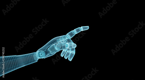 Wireframed blue robot hand pointing finger on dark 3D rendering