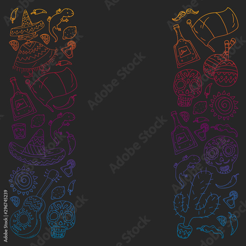 Travel to Mexico. Vector set with ethnic elemets for wallpapers, backgrounds. Day of the Dead