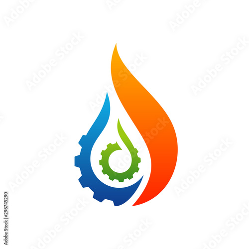 Fire with Gear logo Vector. Flame Logo Design Template. Icon Symbol