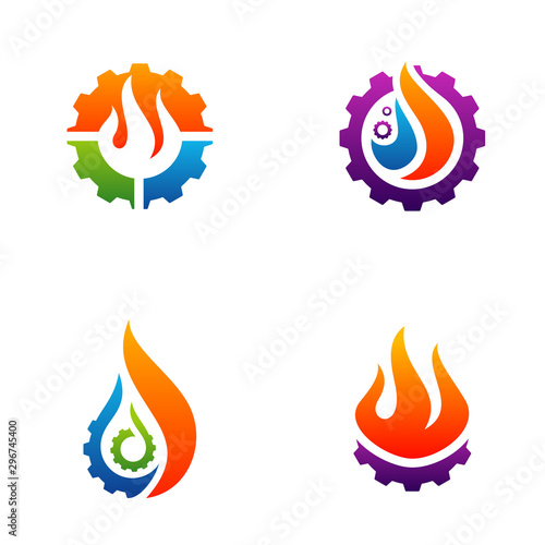 Set of Fire with Gear logo Vector. Flame Logo Design Template. Icon Symbol