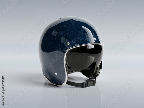 Blue vintage motorbike helmet isolated on grey background Mockup 3D rendering