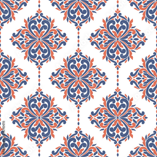Orange and blue eastern seamless pattern with flowers. Vintage vector background template, luxury flourish elements. Great for fabric, invitation, wallpaper, decoration, packaging or any desired idea.