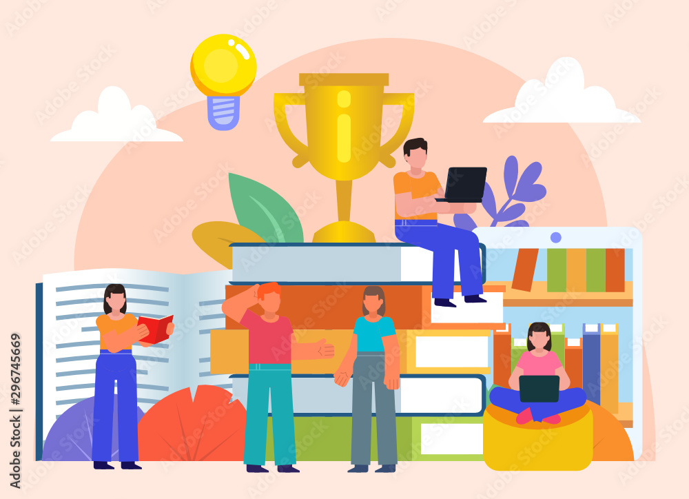 Education, study, prepare for exams in university, college. Group of students stand near big books. Flat design vector illustration Education, study, prepare for exams in university, college. Group of students stand near big books. Flat design vector illustration