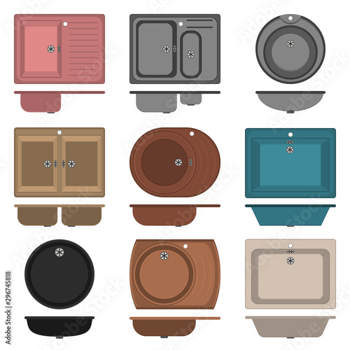 Kitchen and bathroom sinks. Vector illustration. Set, collection of colorful, bright round, square, rectangular and other different, various, shapes. 