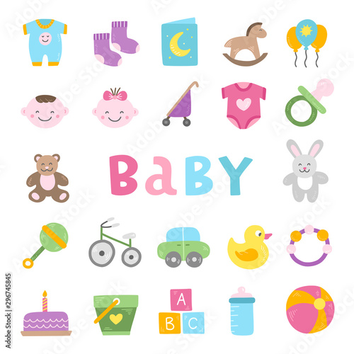 Cute baby vector illustrations. Kids icons and objects. Newborn elements, children, toys isolated on white background