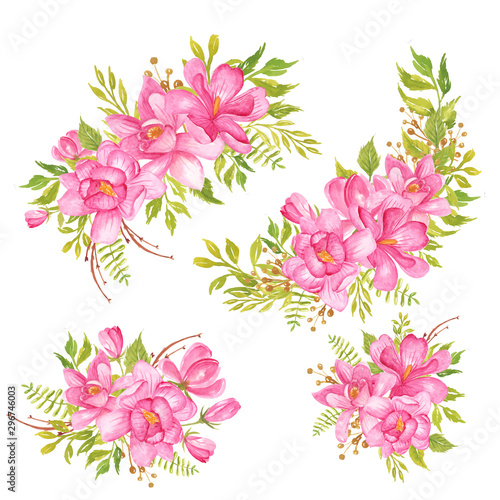 set of watercolor flower Magnolia pink bouquet. The composition of Magnolia pink is hand-painted isolated on a white background.