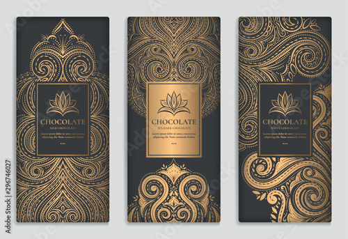 Black and gold packaging design of chocolate bars. Vintage vector ornament template. elegant, classic elements. Can be used for background, wallpaper or any desired idea. photo