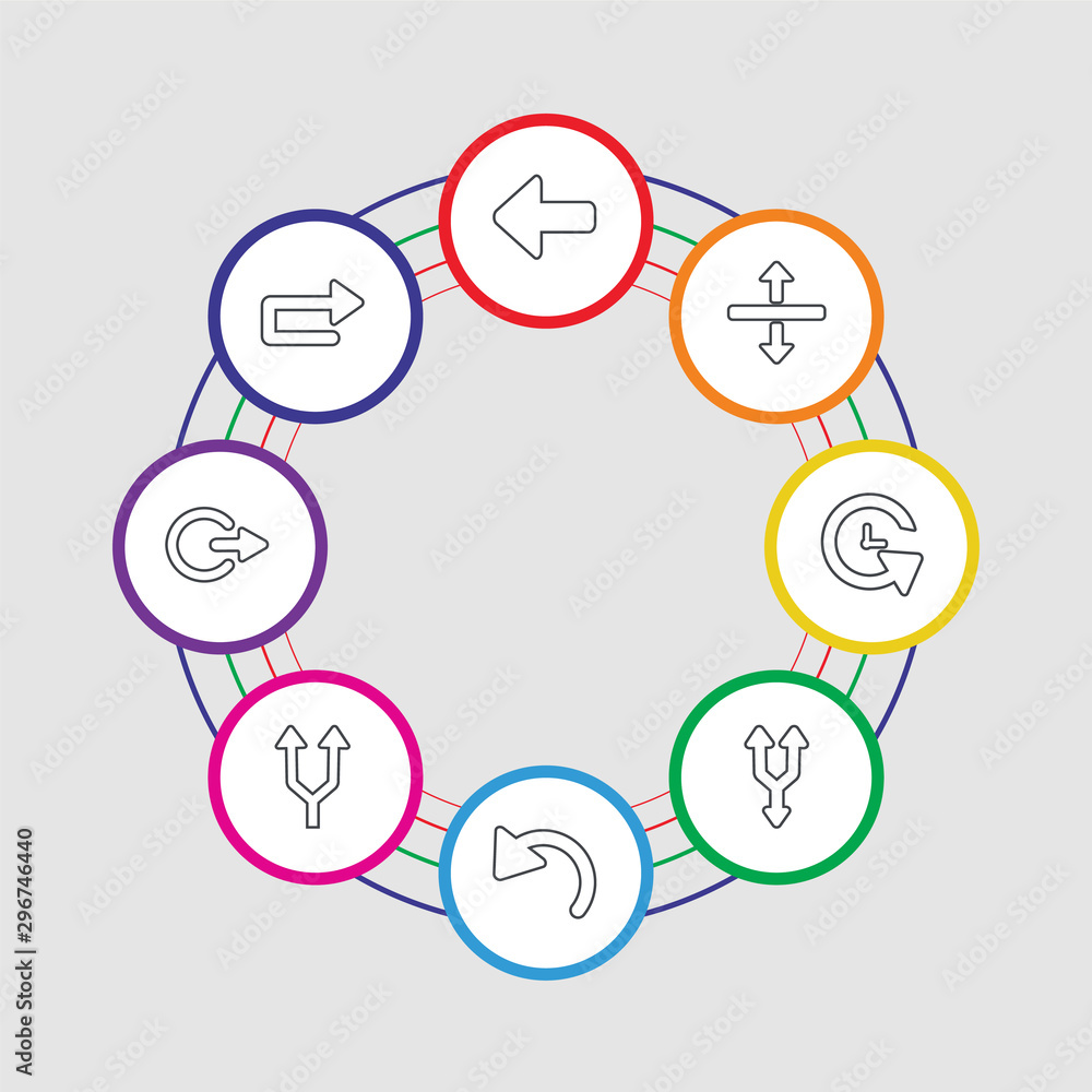 8 colorful stroke icons set included u turn arrow, exit right, split arrows, left curve arrow, split triangle, reload time, horizontal split, left direction 8 colorful stroke icons set included u turn arrow, exit right, split arrows, left curve arrow, split triangle, reload time, horizontal split, left direction
