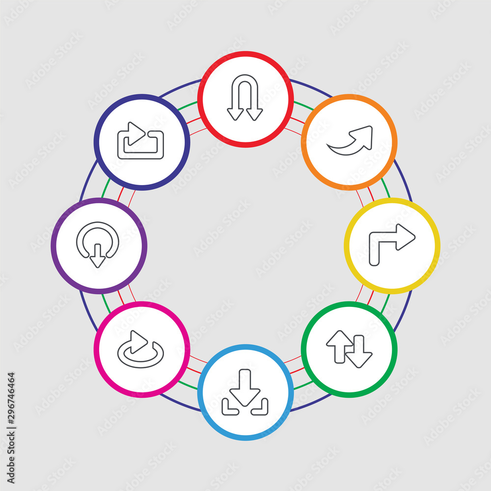 8 colorful stroke icons set included looping arrow, exit down, no shuffle, download arrow with line, up and down arrows, right curve, right arrow curved, double curve 8 colorful stroke icons set included looping arrow, exit down, no shuffle, download arrow with line, up and down arrows, right curve, right arrow curved, double curve