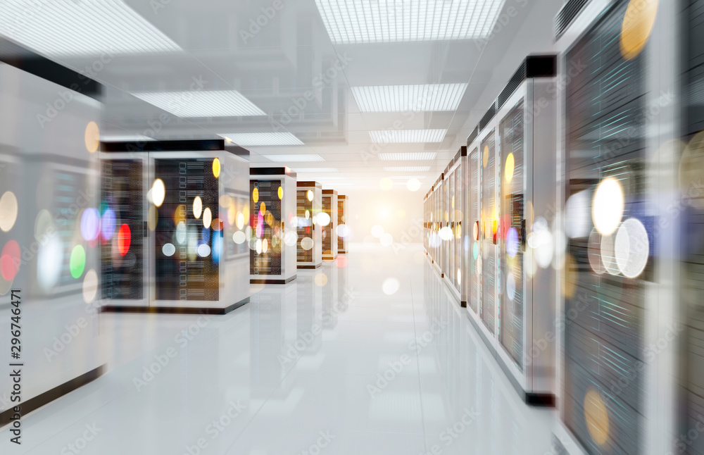 Servers data center room with bright bokeh light going through the corridor 3D rendering Servers data center room with bright bokeh light going through the corridor 3D rendering