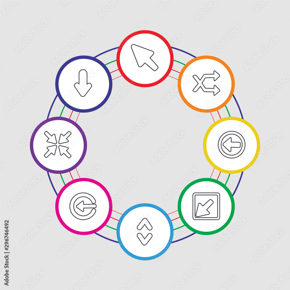 8 colorful stroke icons set included down arrow, minimize, insert, expand, diagonal arrow, left arrow, shuffle, diagonal 8 colorful stroke icons set included down arrow, minimize, insert, expand, diagonal arrow, left arrow, shuffle, diagonal