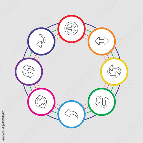 8 colorful stroke icons set included left curve, left right, loop arrows, curved left arrow, curved arrow, shuffle arrows, horizontal resize, right circling arrow