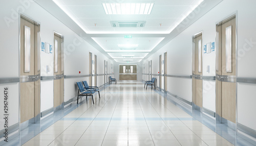 Fényképezés Long hospital bright corridor with rooms and seats 3D rendering