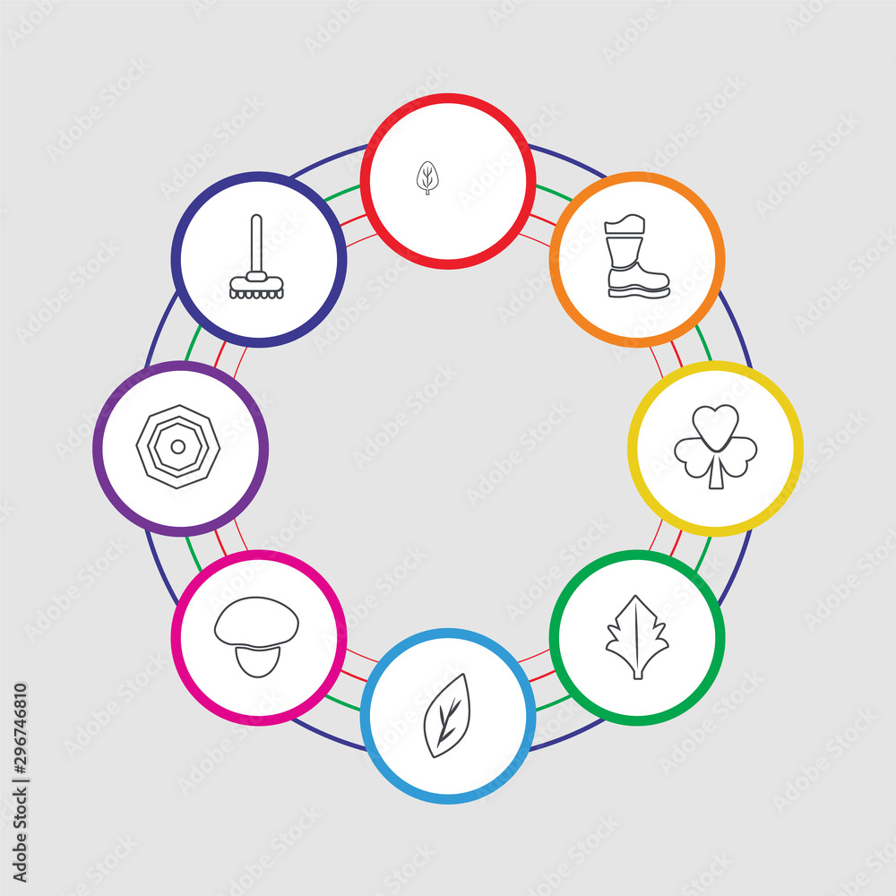 8 colorful stroke icons set included rake, umbrella, mushroom, leaf, leaf, leaf, rubber roots, 8 colorful stroke icons set included rake, umbrella, mushroom, leaf, leaf, leaf, rubber roots,