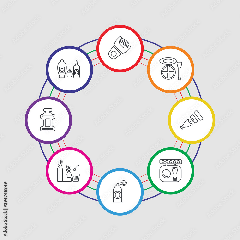 8 colorful stroke icons set included hair, mouthwash, sauna, spray, blush, cream, eye shadow, file 8 colorful stroke icons set included hair, mouthwash, sauna, spray, blush, cream, eye shadow, file