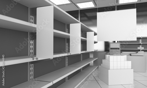 Empty Supermarket Shelves With Shelf-Stopper And Big Banner. . 3D render
