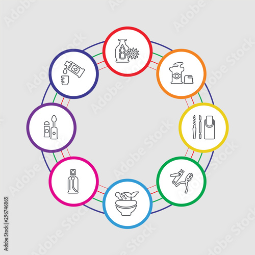 8 colorful stroke icons set included hair, lip gloss, spray, mortar, pedicure, pedicure, skincare, aroma