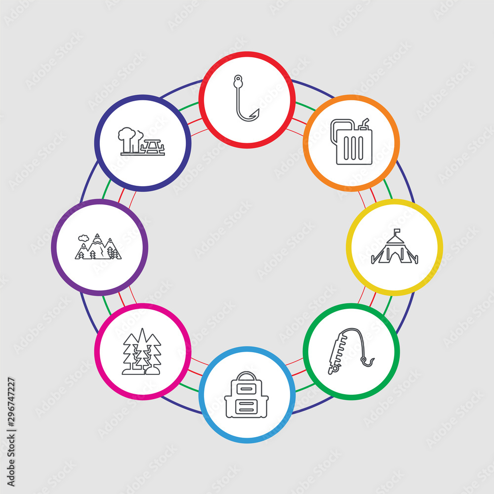 8 colorful stroke icons set included picnic, mountain, trees, backpack, fishing rod, tent, gasoline, fishing 8 colorful stroke icons set included picnic, mountain, trees, backpack, fishing rod, tent, gasoline, fishing