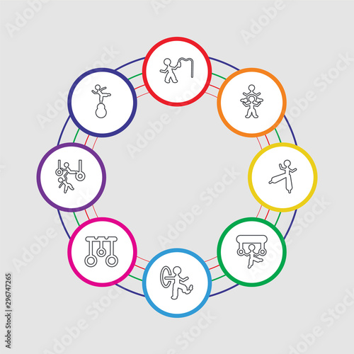 8 colorful stroke icons set included acrobat man, trapeze artists man, aerial ring, juggler man, acrobat stilt walker circus stunt tamer