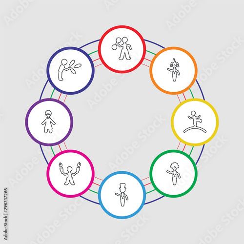 8 colorful stroke icons set included juggler man, bearded man, acrobat man, ringmaster clown tightrope walker clown strongman